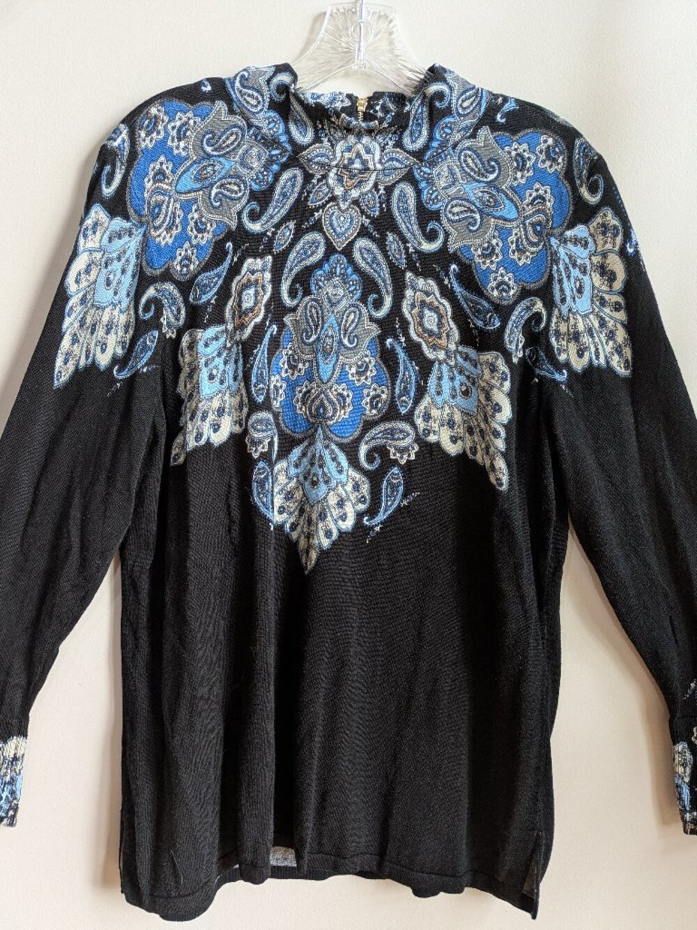 chicos mock neck black blue paisley long sleeve sweater zip up back size 2 #670